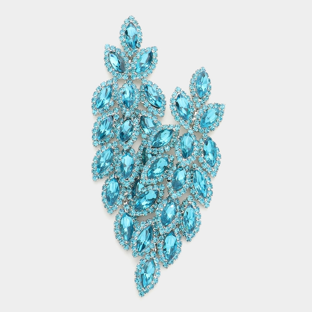 Aqua Blue Marquise Crystal Leaf Drop Dangle Earrings 3.25" Chandelier Evening